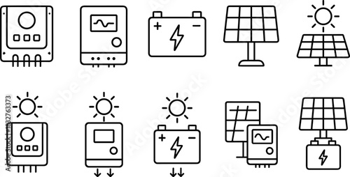 Solar energy system icons set. Panels, battery, inverter, electricity outline vector illustrations