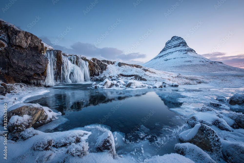 Obraz premium Iceland winter landscape with Kirkjufellsfoss and the iconic Kirkjufell mountain in blue hour light
