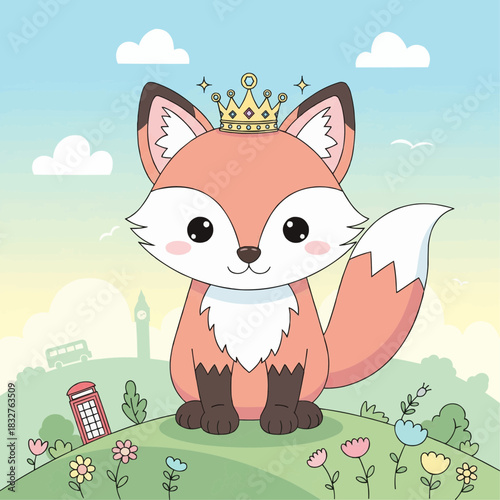 Vector artwork of a cute British fox wearing a tiny crown