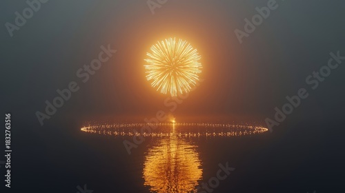 Golden fireworks display over the water reflecting in the dark ocean at night