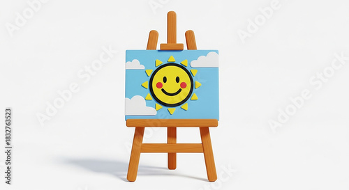 A wooden easel displays a painting of a cheerful yellow sun with a smiley face against a blue sky with clouds isolated on white background