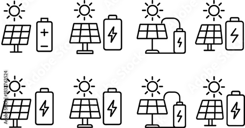 Solar energy system icons set. Panels, battery, inverter, electricity outline vector illustrations