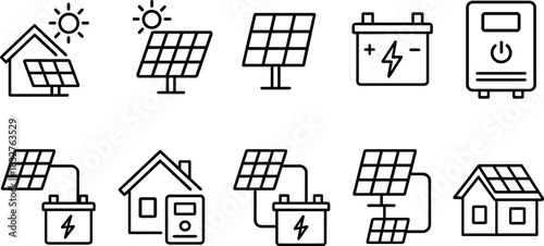Solar energy system icons set. Panels, battery, inverter, electricity outline vector illustrations