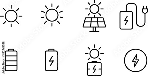 Solar energy system icons set. Panels, battery, inverter, electricity outline vector illustrations