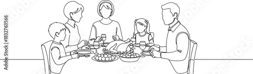 Family Holiday Dinner Continuous Line Art. Minimalist Thanksgiving Meal Illustration with Roasted Turkey.