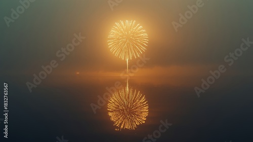 Golden fireworks display over the water reflecting in the dark ocean at night