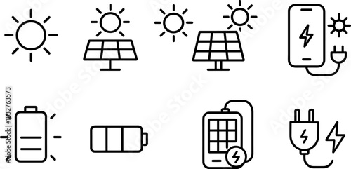 Solar energy system icons set. Panels, battery, inverter, electricity outline vector illustrations