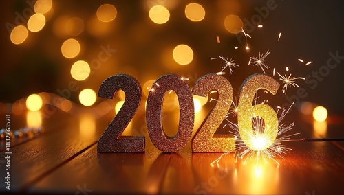 Silvester Sylvester 2026 New year New Year's Eve Party background banner panorama illustration - Abstract gold firework fireworks on dark green texture with bokeh lights