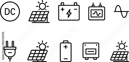 Solar energy system icons set. Panels, battery, inverter, electricity outline vector illustrations