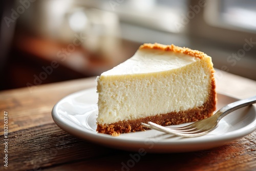 Indulgent cheesecake slice with dense filling and golden crust on warm wood