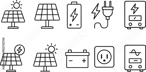 Solar energy system icons set. Panels, battery, inverter, electricity outline vector illustrations