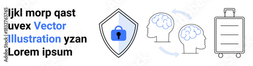 Data security, artificial intelligence, mental processes, travel icons, luggage safety, neural connections. Shield with lock, brain icons in a cycle suitcase vector. Data security and artificial