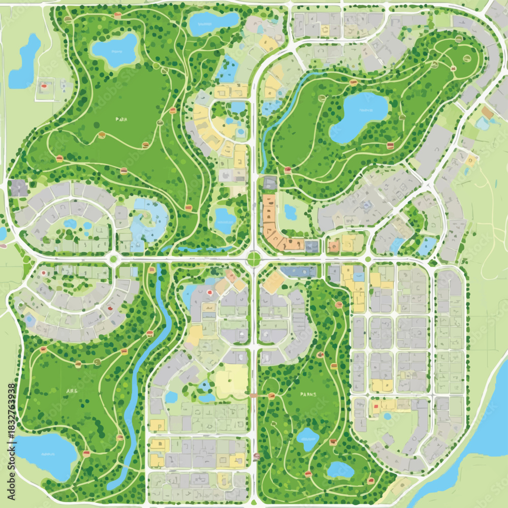 Fototapeta premium A detailed aerial view showcases a meticulously planned urban development, featuring parks, residential areas, and interconnected infrastructure, designed for modern living.