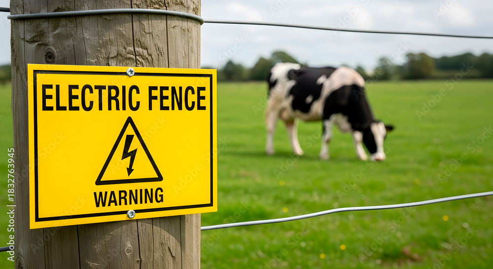 Obraz premium Electric fence warning sign on a wooden post with a cow grazing in a green field. Safety measure for livestock farming.