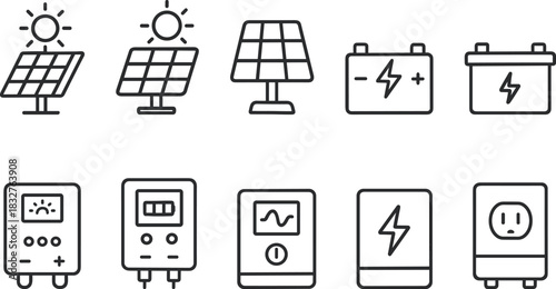 Solar energy system icons set. Panels, battery, inverter, electricity outline vector illustrations