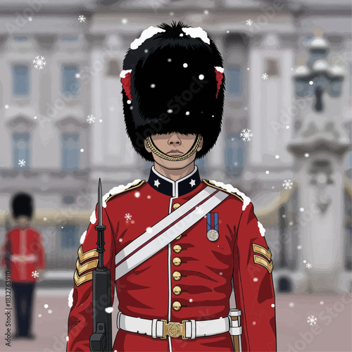 vector of a British Royal Guard standing firm as gentle snowflakes fall around him