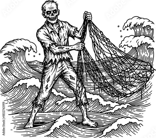 Man struggling with large waves in a small boat during a tempestuous sea storm