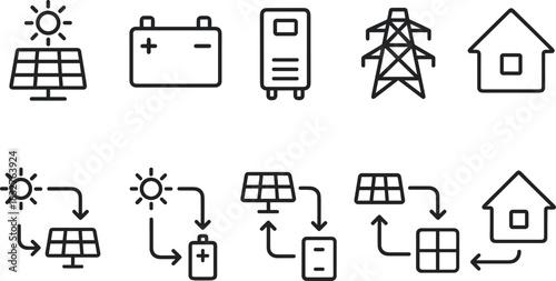 Solar energy system icons set. Panels, battery, inverter, electricity outline vector illustrations