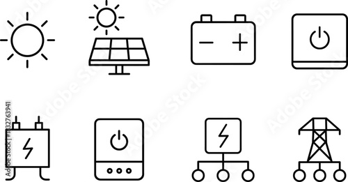 Solar energy system icons set. Panels, battery, inverter, electricity outline vector illustrations