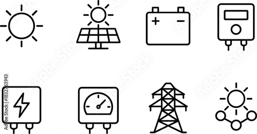 Solar energy system icons set. Panels, battery, inverter, electricity outline vector illustrations