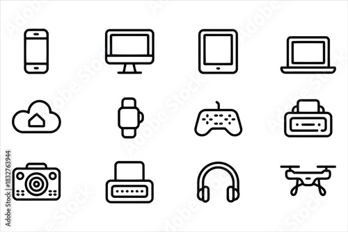 Collection of modern technology and gadget icons in a clean outline style