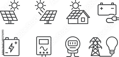 Solar energy system icons set. Panels, battery, inverter, electricity outline vector illustrations
