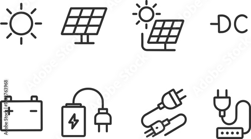 Solar energy system icons set. Panels, battery, inverter, electricity outline vector illustrations