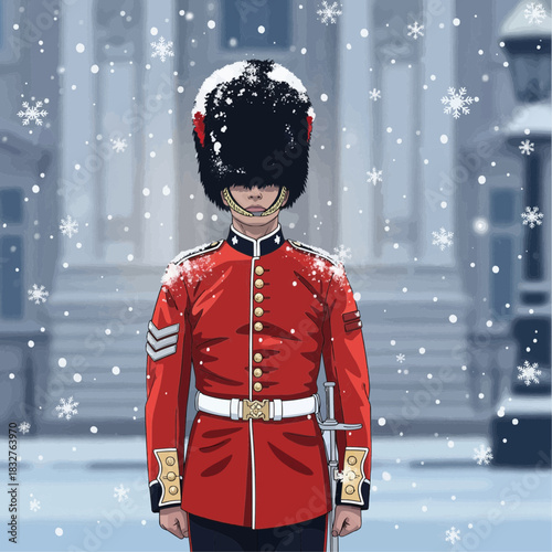vector of a British Royal Guard standing firm as gentle snowflakes fall around him