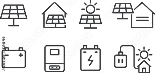 Solar energy system icons set. Panels, battery, inverter, electricity outline vector illustrations