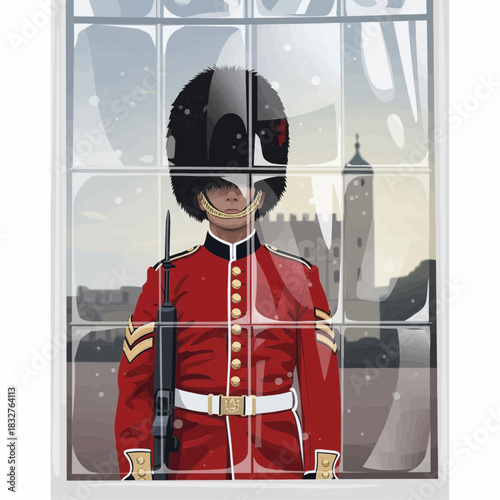 vector artwork of a British Royal Guard viewed through slightly distorted old window glass