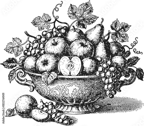 Monochromatic silhouette of a classic fruit bowl overflowing with abundant produce