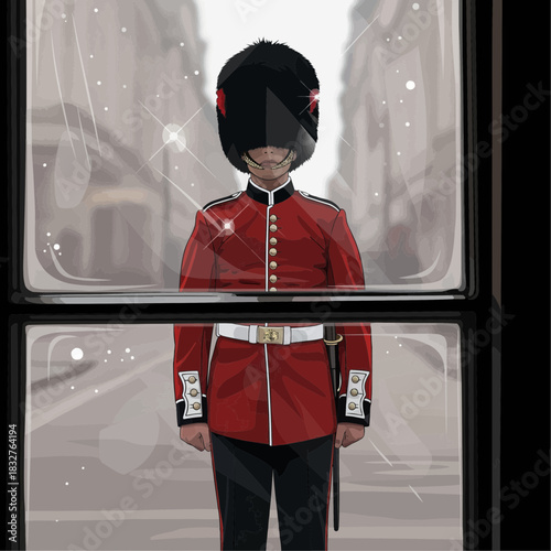 vector artwork of a British Royal Guard viewed through slightly distorted old window glass
