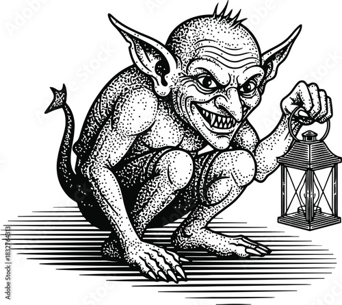 Mysterious imp creature with large ears holding a glowing lantern in dark shadow