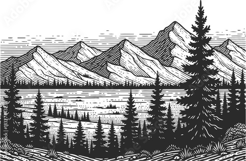Mountain landscape illustration featuring a serene lake and solitary pine tree silhouette