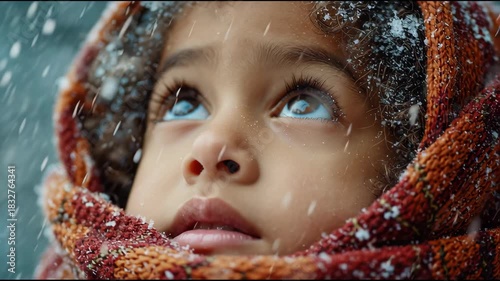 A child looks upward with wonder as snowflakes gently fall on their face. Wrapped in a cozy scarf, the child enjoys a magical winter moment outdoors in the snowfall