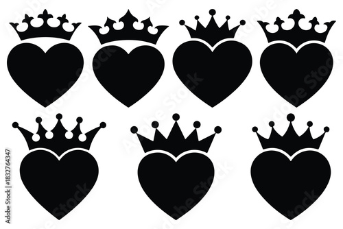 Six black hearts with crowns on white background symbol