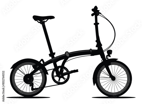 A silhouette of a compact folding bicycle on a white background.