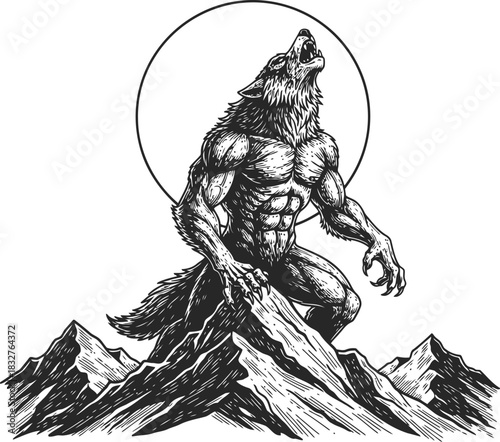 Mysterious werewolf howling at the moon above a dark mountain range landscape