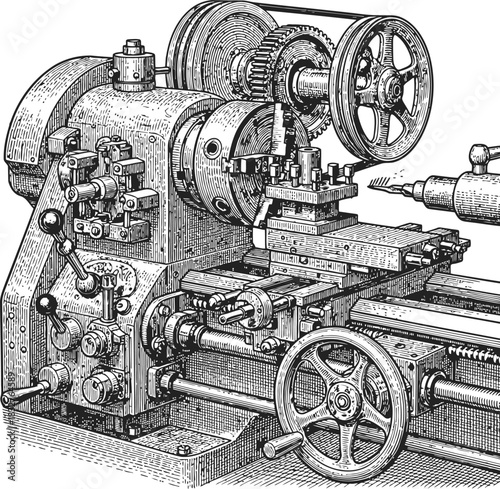 Old industrial metalworking machine with visible gears and large flywheels.