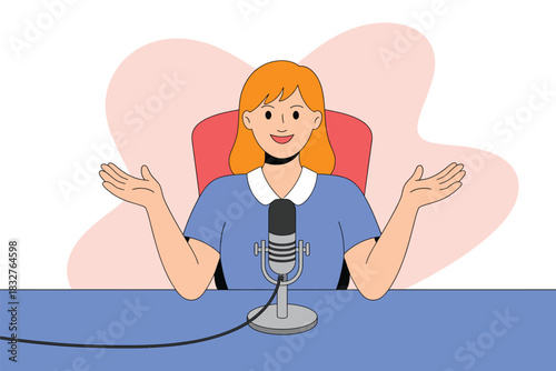 A woman is speaking enthusiastically into a microphone, likely for a podcast or broadcast.