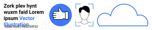 Identity verification, cloud storage, social media approval, data security, online connectivity, communication. Thumbs-up icon, face in verification frame cloud design. Identity verification