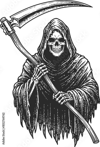 Ominous hooded figure holding a large scythe in a dark, foreboding silhouette illustration