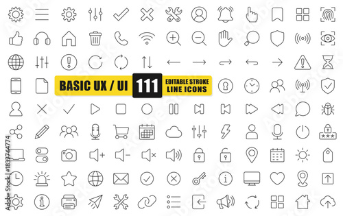 Basic UX UI Line Icon Set. A Collection Of 111 Thin Line Editable Stroke Icons Representing Interface, Navigation, And Interaction Elements. Perfect For Web, App, And Digital Design Projects. Vector