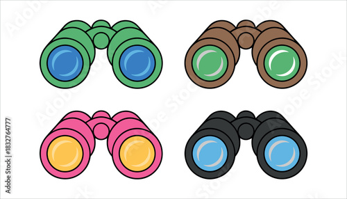 Four pairs of cartoon binoculars in green brown pink and black optical instrument viewing