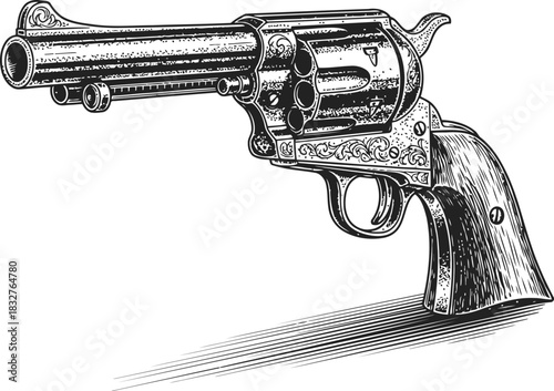 Old revolver pistol silhouette in dark grey against a solid black background