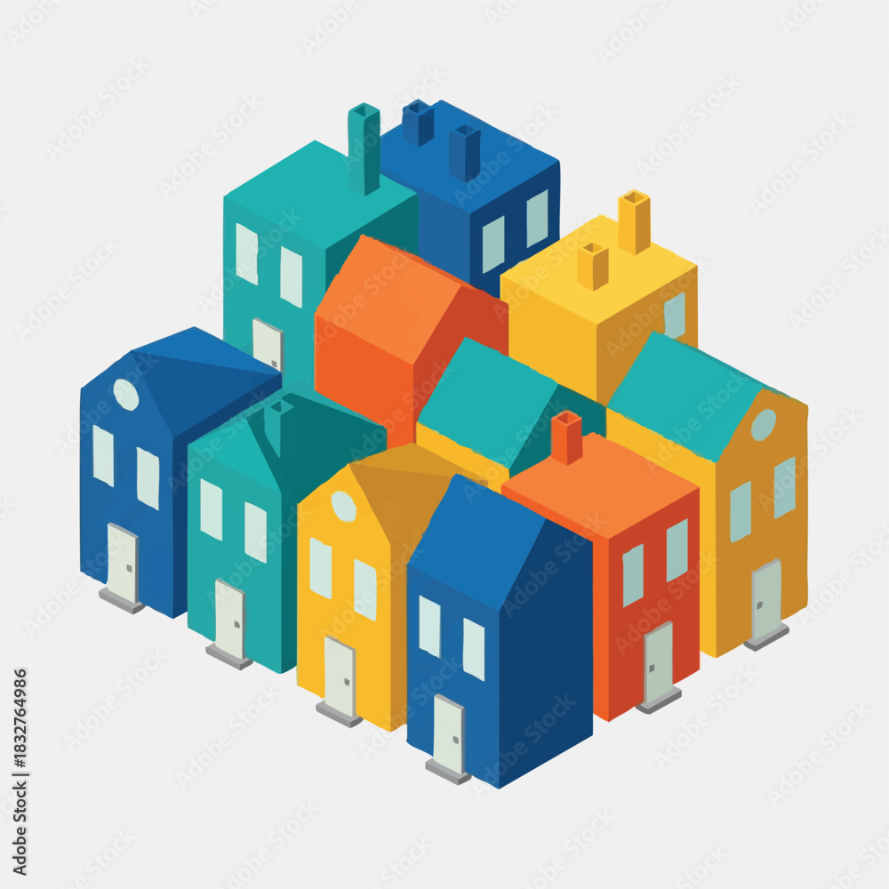 Naklejka premium Isometric illustration of colorful houses clustered together, representing community, real estate, and urban development on a neutral background.