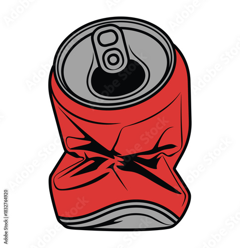 A crushed red soda can sits on a white background.