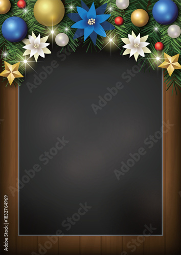 クリスマス背景、黒板、玉飾り、キラキラ、かわいい、イラスト、青、縦