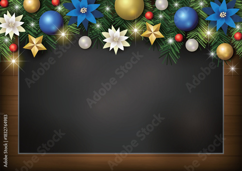 クリスマス背景、黒板、玉飾り、キラキラ、かわいい、イラスト、青、横