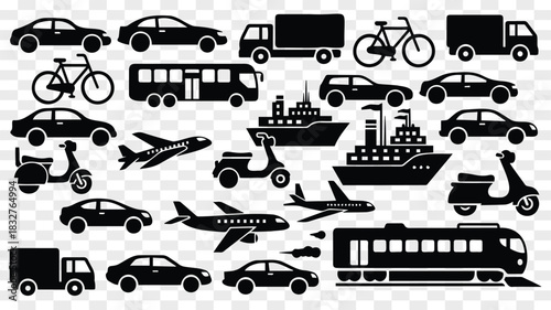 Transportation modes vector icons set in black color transport collection